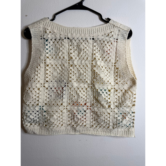 Women's Rebellion Cream Multicolor Grannycore Crochet V-Neck Sweater L - Picture 4 of 4